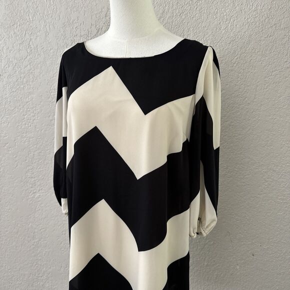 Cocktail Chevron Dress Women’s Size L Black Cream 3/4 Sleeve Bow Back Formal - Picture 9 of 14